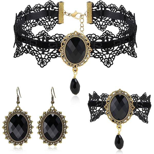 Gothic Lace Necklace And Lace Ring Bracelet Set, Vampire Choker