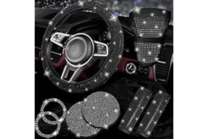 NBTEPEM 8 pcs Bling Car Accessories Set for Women, Bling Rhinestone Diamond Steering Wheel Cover, Sparkly Seat Belt Covers, Bling Gear Shift Cover, Universal Fit Most Cars (Black Diamond)