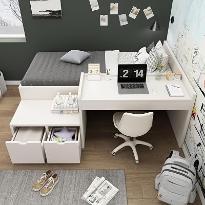 Merax White Bunk Bed with Desk and Drawers 90x190 cm Slatted Frame