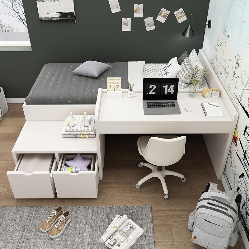 Merax White Bunk Bed with Desk and Drawers 90x190 cm Slatted Frame