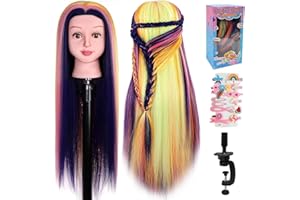 FERNLANDIA Mannequin Head with Hair,29" Doll Head Hair Styling for Kids Braiding, Cutting & Styling Practice, Hairdressing Manikin with Clamp Stand & Hair Clips(Purple Mix Color）