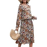 LiCot Womens Casual Midi Dress Long Sleeve Floral Chiffon A Line Flowy Vacation Dresses