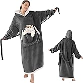 Wearable Blanket Hoodie with Cat Pouch, Gifts for Women Mom Girlfriend Pet Lovers, Extra Soft Sherpa Fleece & Cozy Flannel Blanket Sweatshirt, Standard Size Dark Gray