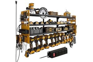 12 Cordless Drill Holder Large Power Tool Organizer Wall Mount with Side Pegboard & Screwdriver Holder, 4-Tier Heavy Duty Met