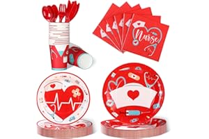 YISONG 168 Pcs Nurse Graduation Party Decorations, Doctor Nurse Medical Birthday Party Tableware Set 24 Guests Dinner Dessert Plates Cups Napkins for Doctors Day Nursing School Office Party Supplies (Red)
