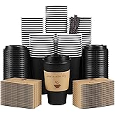 Clawsoff 100 Pack 16 oz Coffee Cups with Lids, Disposable To Go Paper Coffee Cups with Sleeves and Stirring Sticks for Hot/Cold Drinks Office Home Shop Event (Black)