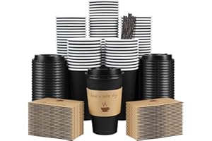 Clawsoff 100 Pack 16 oz Coffee Cups with Lids, Disposable To Go Paper Coffee Cups with Sleeves and Stirring Sticks for Hot/Cold Drinks Office Home Shop Event (Black)