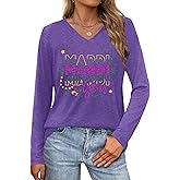 ELDPS Mardi Gras Shirts Women: Fat Tuesday Shirt Carnival Mask Graphic Tee New Orleans Party Long Sleeve V Neck Top