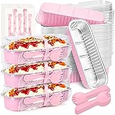 NPLUX Mini Loaf Pans with Lids and Spoons Rectangular Aluminum Foil Baking Pans Mini Cheesecake Containers 6.8oz(60 Pack, Pink)