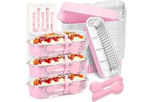 NPLUX Mini Loaf Pans with Lids and Spoons Rectangular Aluminum Foil Baking Pans Mini Cheesecake Containers 6.8oz(60 Pack, Pin