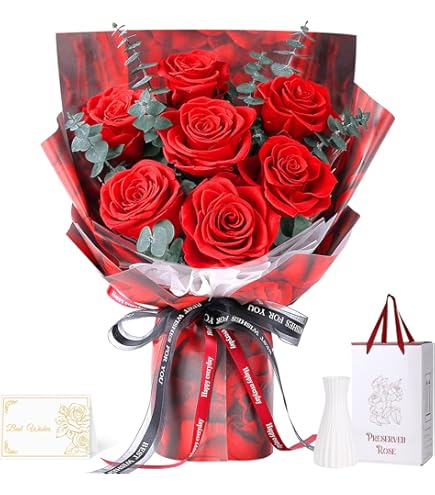 EIGHTOWN Bouquet Di 18 Rose Rosse Artificiali Con Collana Love Dorata - Regalo San Valentino, Compleanno, Proposta