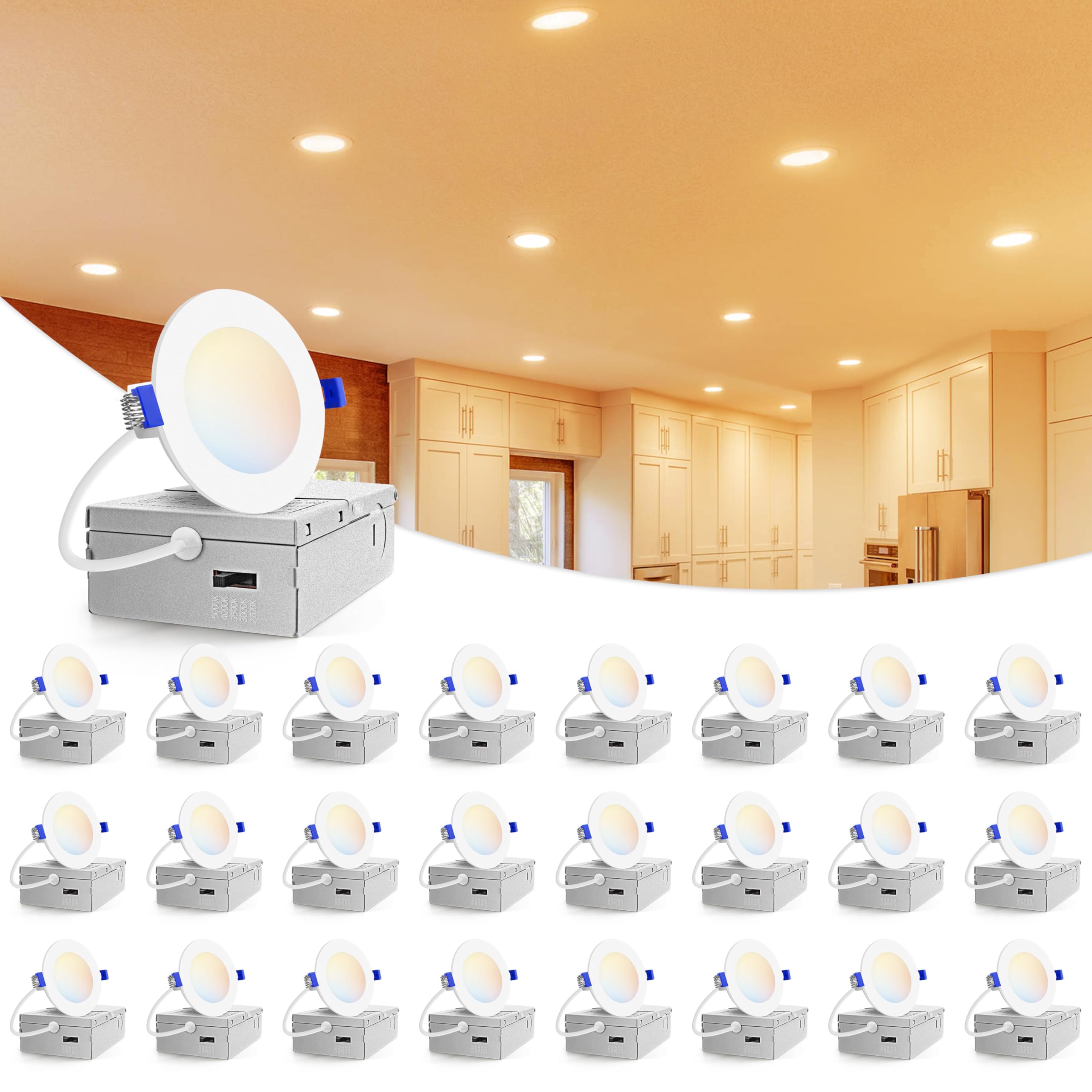 Photo 1 of VOLISUN 24 Pack 3 inch Recessed Lighting, 5CCT LED Recessed Light with Junction Box, 2700K-5000K Selectable, Dimmable Canless Wafer Downlight, LED Ceiling Light ETL Certificated
