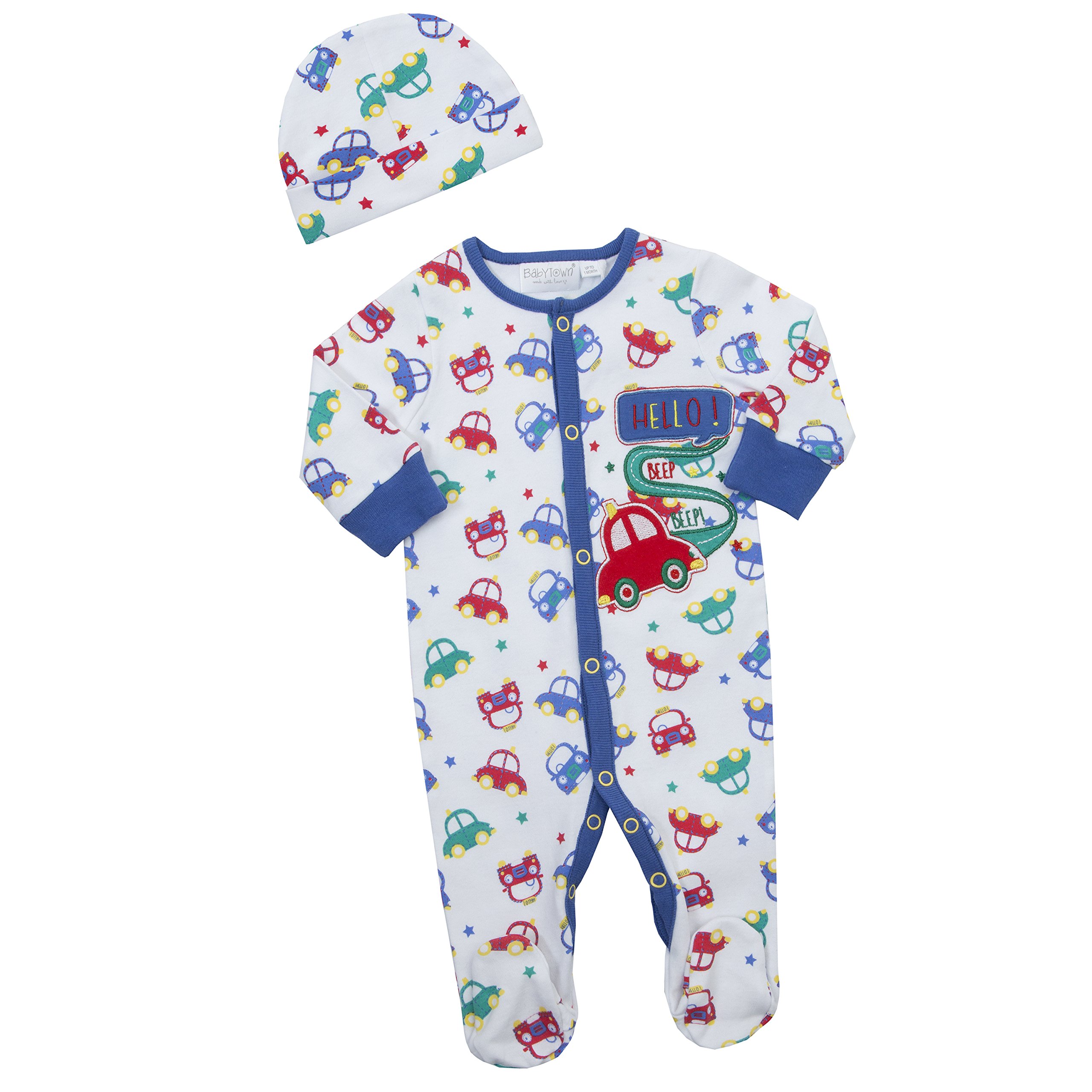 BabyTown Baby Boys Car Design Sleepsuit & Hat Set White Car Print 0-1 Month