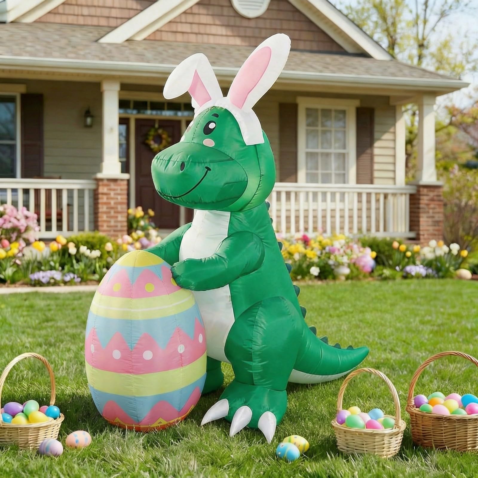 Photo 1 of 5FT Large Easter Inflatables Outdoor Decorations Dinosaur, Blow Up Dino Yard Decoration with Lights for Lawn, Pre-lit Giant Dinosaur for Outdoor Easter Party, Spring Garden