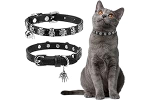 EXPAWLORER Halloween Cat Collar for Girl Boy- Adjustable Leather Pet Collar with Safety Elastic Belt,Personalized Punk Accessories Buckle Collars with Bell & Durable D-Ring, Skull(Black)