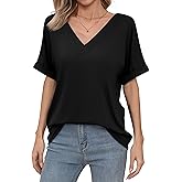 Missufe Women's 2025 Summer Tops V Neck Short Batwing Sleeve Loose Fit Casual Basic T Shirt