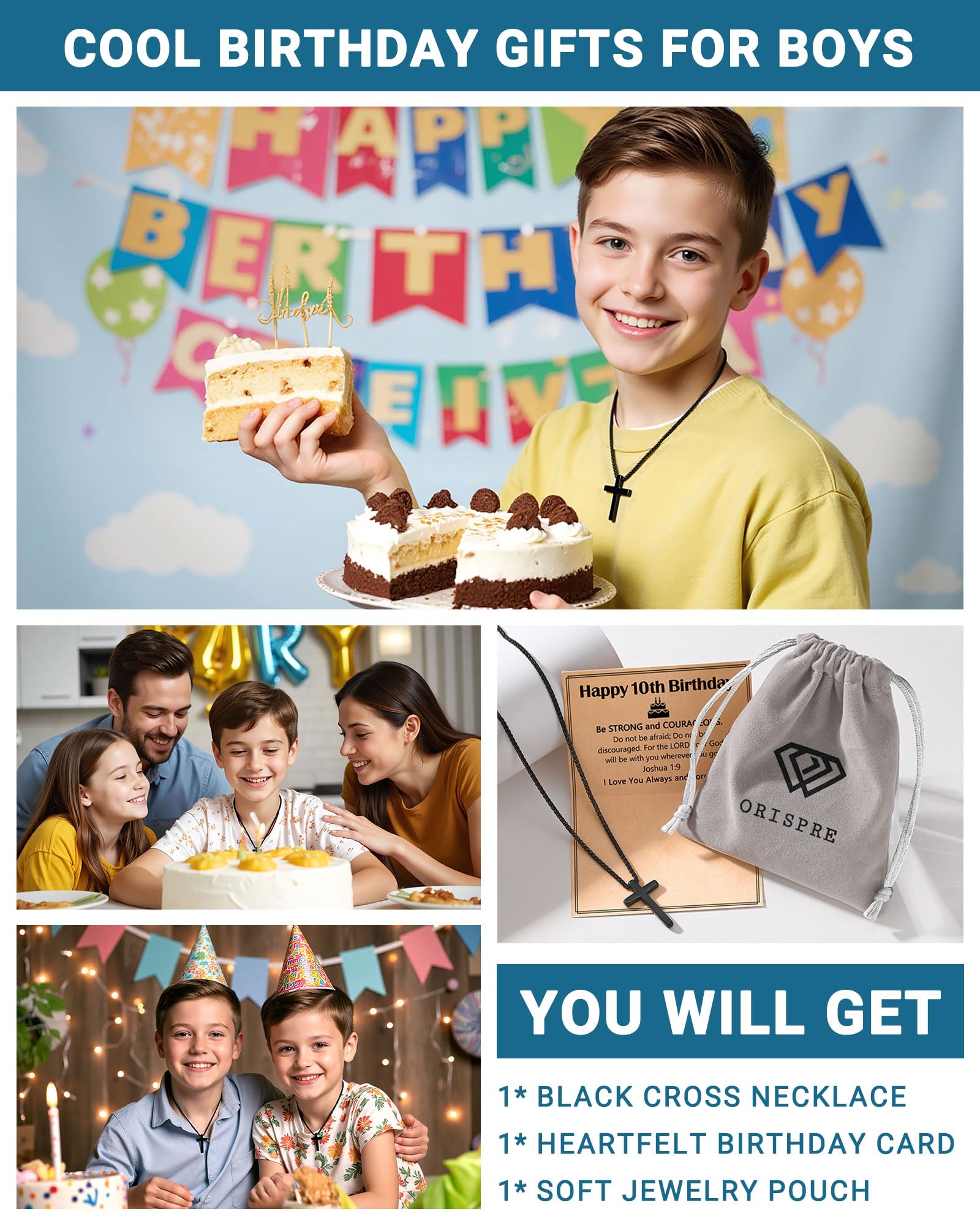 Happy Birthday Gifts for Boys 8-18 Years Old, Black Cross Necklace with Bible Verse Joshua 1:9 for Son, Grandson, Nephew, Friend