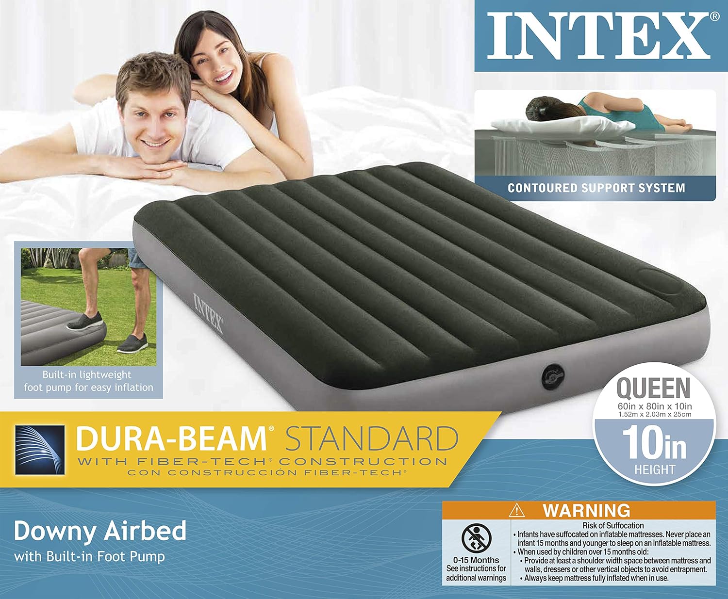 Intex Dura-Beam Standard Series Downy Airbed with Built-in Foot Pump, Queen : Sports & Outdoors