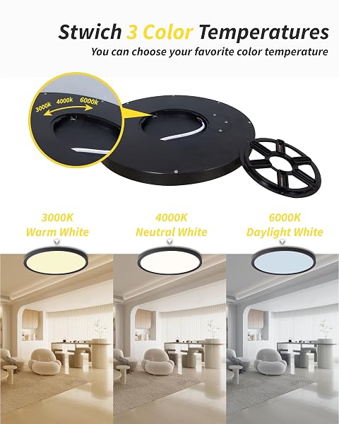 6PACK 12 INCH FLUSH MOUNT CEILING LIGHT, 24W LED CEILING LIGHT, 3000K/4000K/6000K SELECTABLE 2520LM CEILING LIGHTS, SUPER SLIM LED LIGHT FIXTURE FOR BEDROOM KITCHEN LIVING DINING ROOM OFFICE (BLACK)