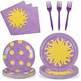 Velorian 96 Pcs Purple Sun Birthday Party Supplies Disposable Tableware Set Serve 24 Guests Include Purple Paper Plates and Napkins Plastic Forks for Baby Shower Wedding Princess Party Decorations