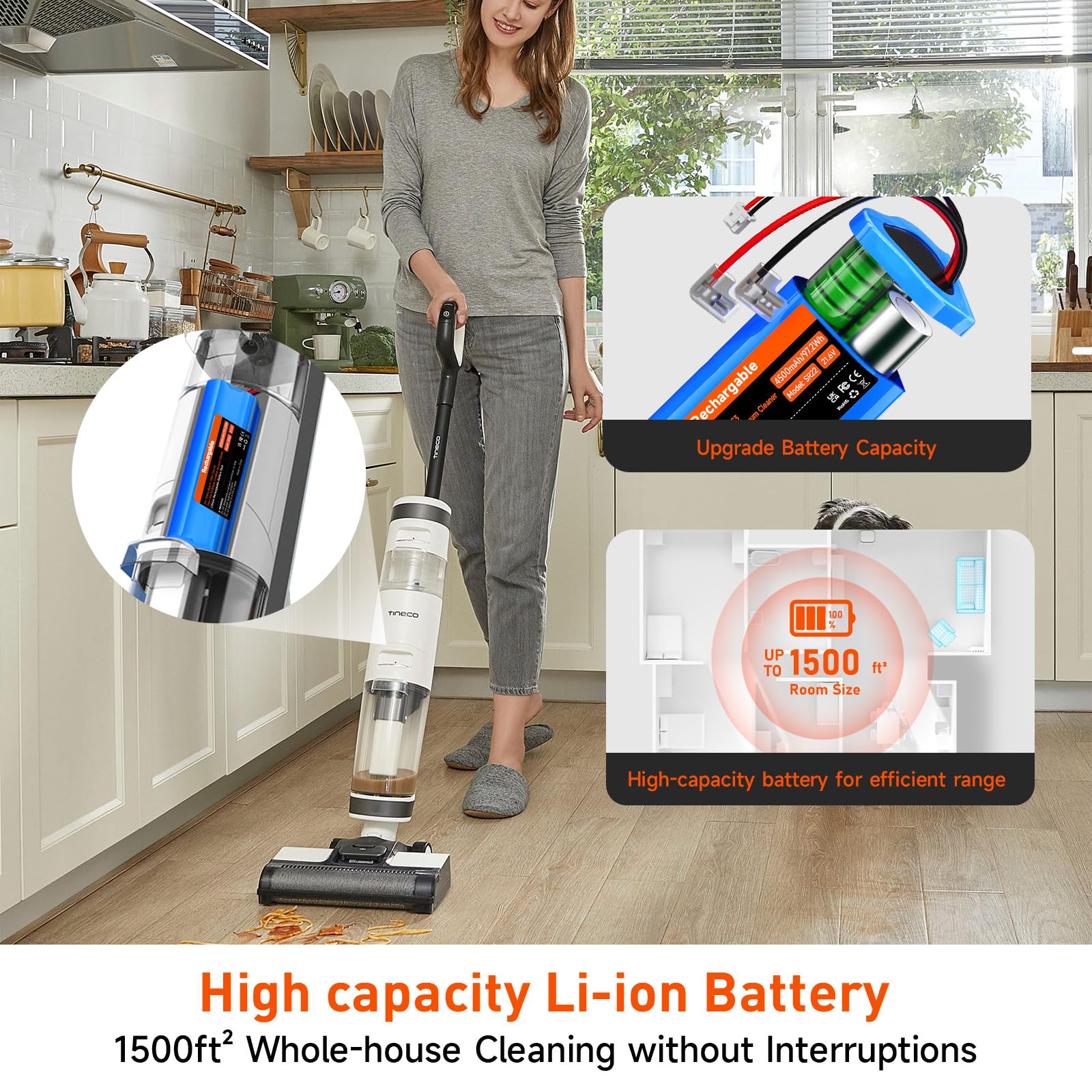 4500mAh/21,6V Nass-Trockensauger Akku für Tineco Floor ONE S3, Floor ONE S3 Breeze Cordless Wet Dry Vacuum Cleaner Batterie Lange laufzeit (1 Akku + 1 Pinsel + 3M-Klebeband) 8