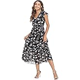 VintageClothing Womens Sundress Casual Floral Summer Boho Dress Flowy Wrap V Neck Ruffle A-Line Pleated Hem Midi Dresses