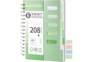 FLYING EAGLE Small Spiral Notebook 5x7 5 Subject Notebook College Ruled with Dividers Tabs Waterproof Plastic Cover Thick Paper Notebooks for Work School, Green