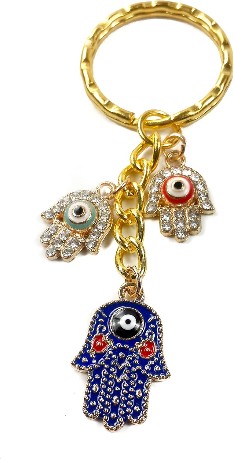 Enamel Hamsa Hand Key Chain Ring Evil Eye Judaism Israel Luck Charm Amulet 3.1