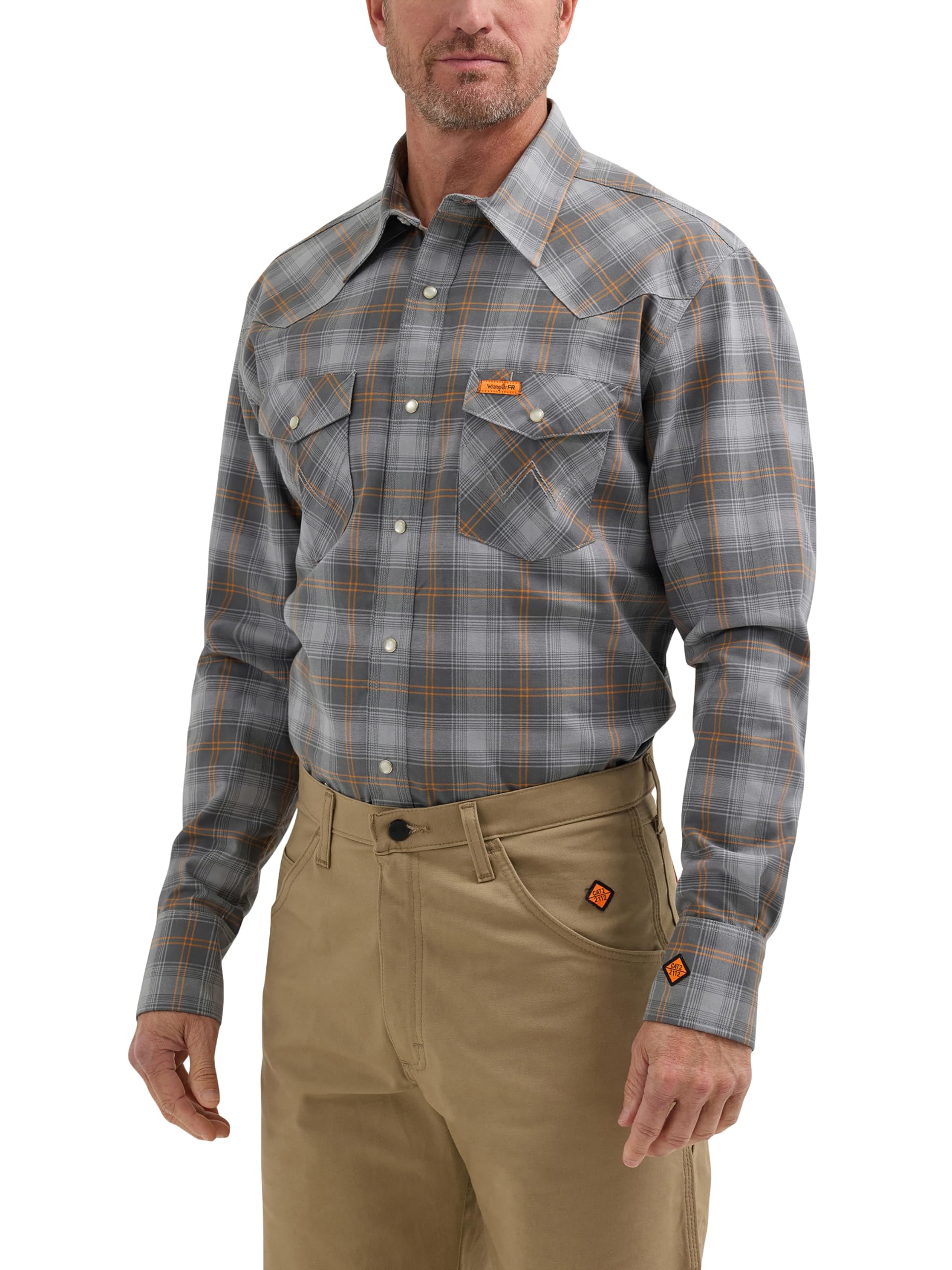 Wrangler Riggs Workwear Men's FR Flame Resistant Western Long Sleeve Two Pocket Snap Shirt, Grey/Orange Plaid, 4X Image