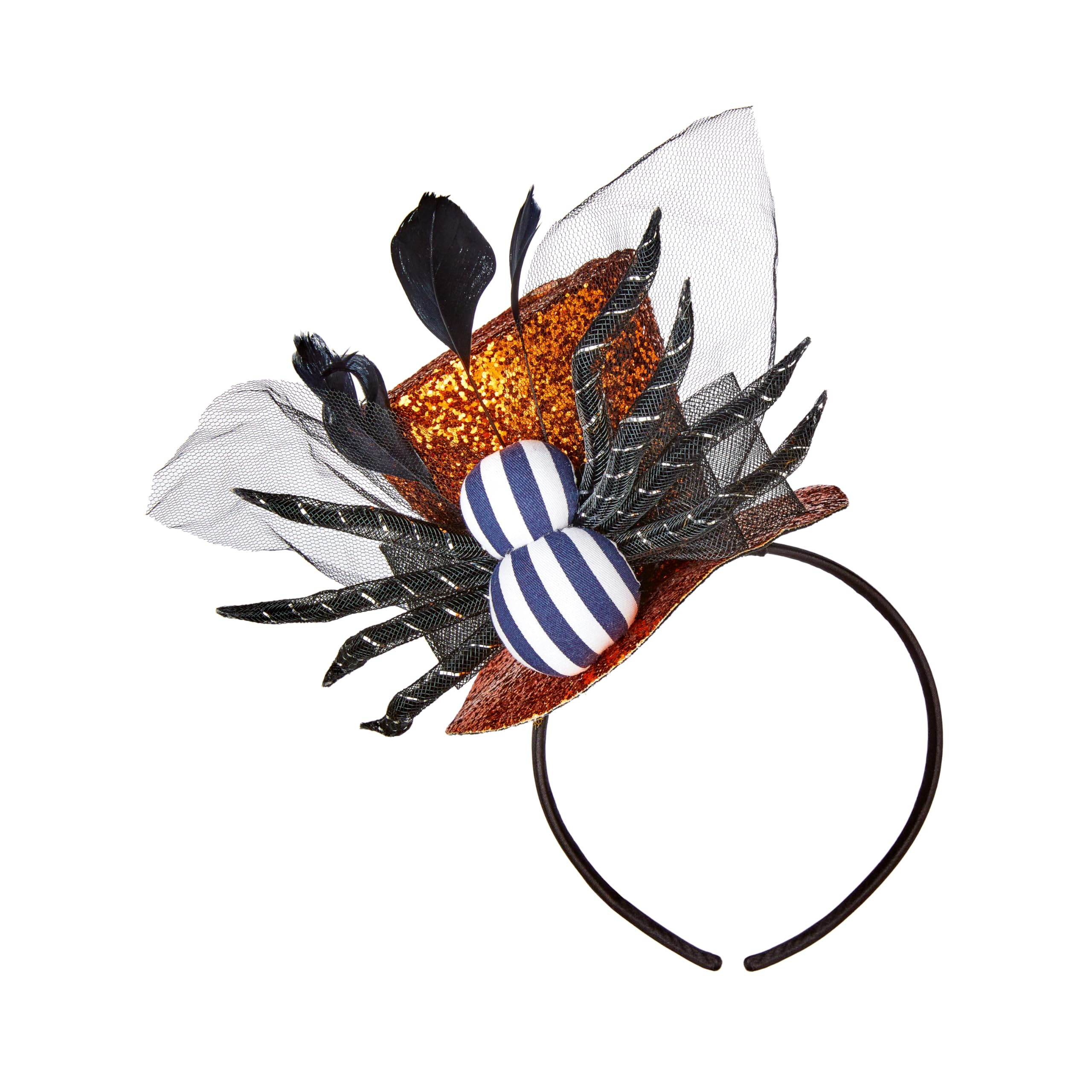 Premier Halloween Spider Mini Top Hat on Headband Orange and Black with Netting for Ladies Halloween Accessory
