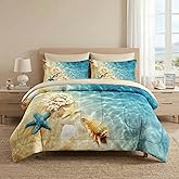 WeCozy 7 Pcs Full Size Comforter Set with 2 Pillowcases & 2 Shams, Summer Beach Seashell Bedding for Kids and Adults, Blue Ocean Sea Shell Bed in a Bag with Flat Fitted Sheet
