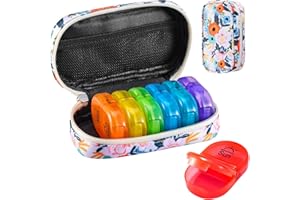 Serfeymi Weekly Travel Pill Organizer 2 Times A Day AM PM Upgraded Rainbow Pill Box 7 Day with Portable Zipper Canvas Pill Case, Medicine Organizer for Pills, Vitamins, Fish Oils - Bloom 01
