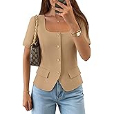 ZESICA Women's Trendy Vests Top 2026 Spring Summer Square Neck Short Sleeve Blazer Button Down Crop Casual Work Blouse