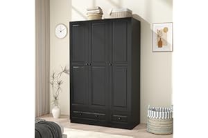 LABROSKIA Black 3 Door Wardrobe Closet: Bedroom Armoire with 2 Drawers, Wooden Closet for Hanging Clothes, Wood Cabinet with Shelves for Clothes Storage (Black, 47")