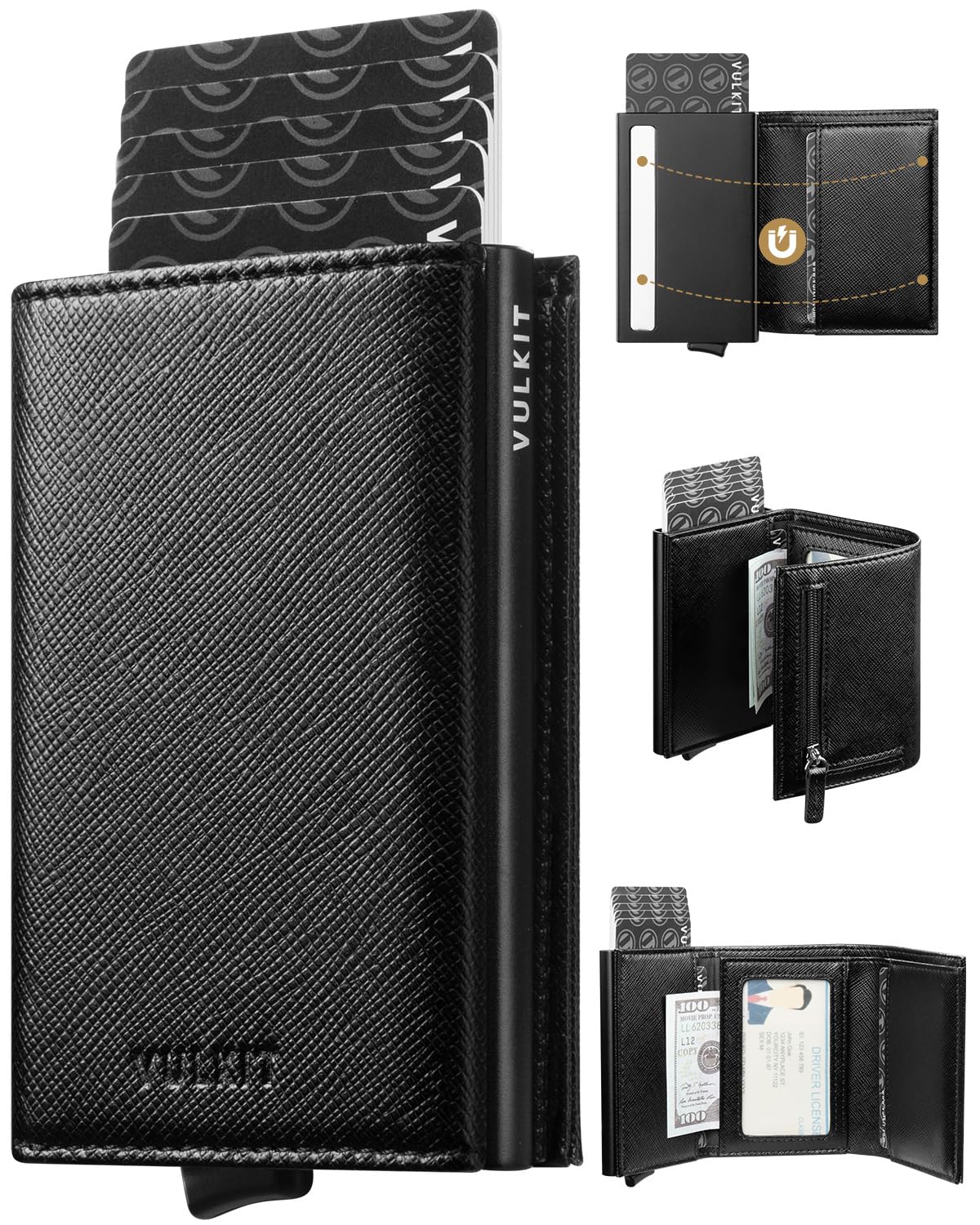 VULKIT Credit Card Holder RFID Blocking Leather Bifold Mens Wallet Automatic Pop Up with Banknote Compartment (Cross Black)