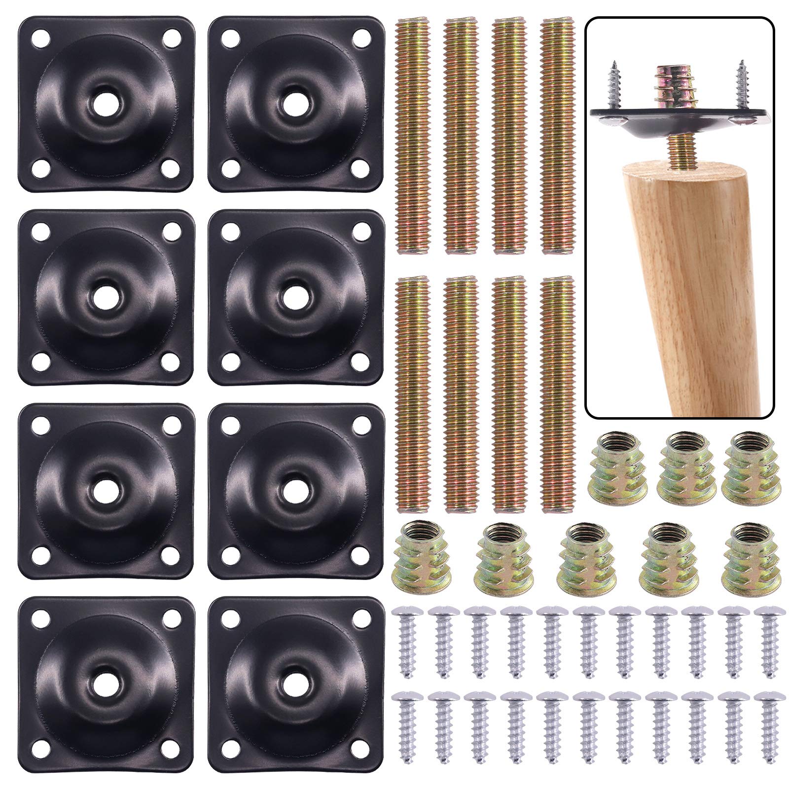 Swpeet 8 sets black 12 degree angled leg mounting plates with hanger bolts screws,furniture leg fixing plates industrial strength T-plate M8 bench legs with hanger bolts