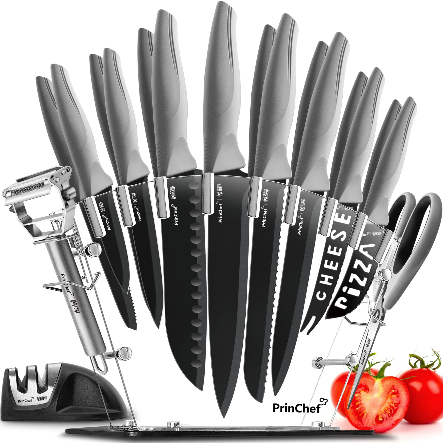Photo 1 of PrinChef Knife Set, 19 Pcs Rust Proof Knives Set for Kitchen, with Acrylic Stand, Sharpener, Scissors and Peeler, Stainless Steel kitchen knife set Nonstick and No Scratch
