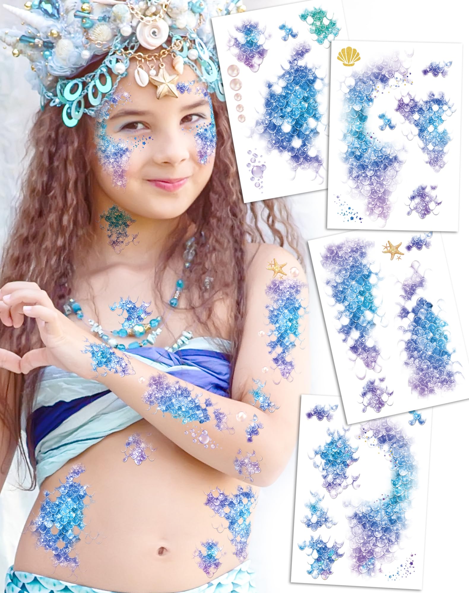 Photo 1 of 16 Sheets Halloween Mermaid Scale Temporary Tattoos,Decoracion De Sirena Para CumpleañOs,Mermaid Temporary Tattoos for Adults Kids Costume Makeup