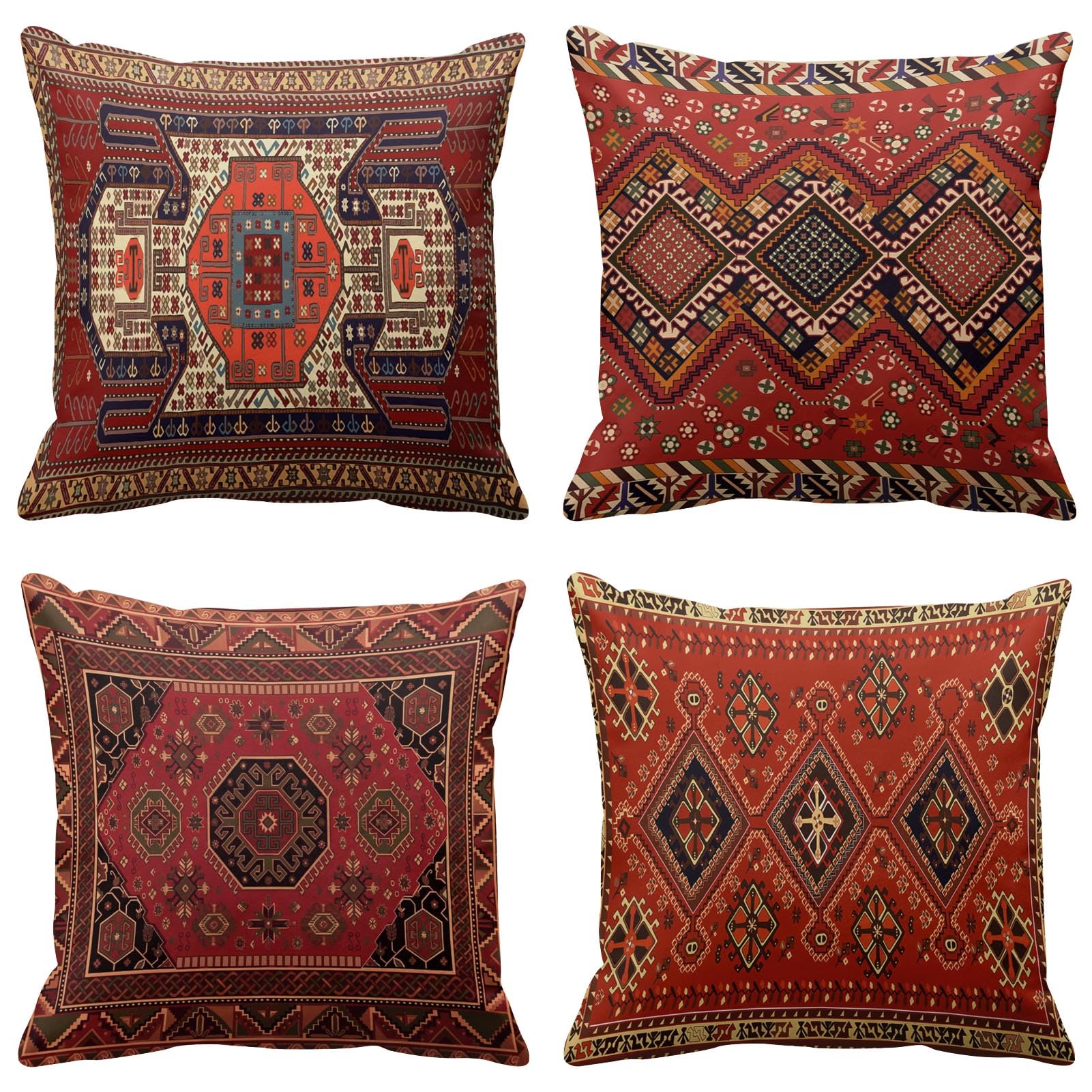 Emvency Set of 4 Throw Pillow Covers Tribal Abstract Bright Red and Yellow Vintage Persian Carpet Pattern Decorative Pillow Cases Home Decor Standard Square 18x18 Inches Floral Pillowcases