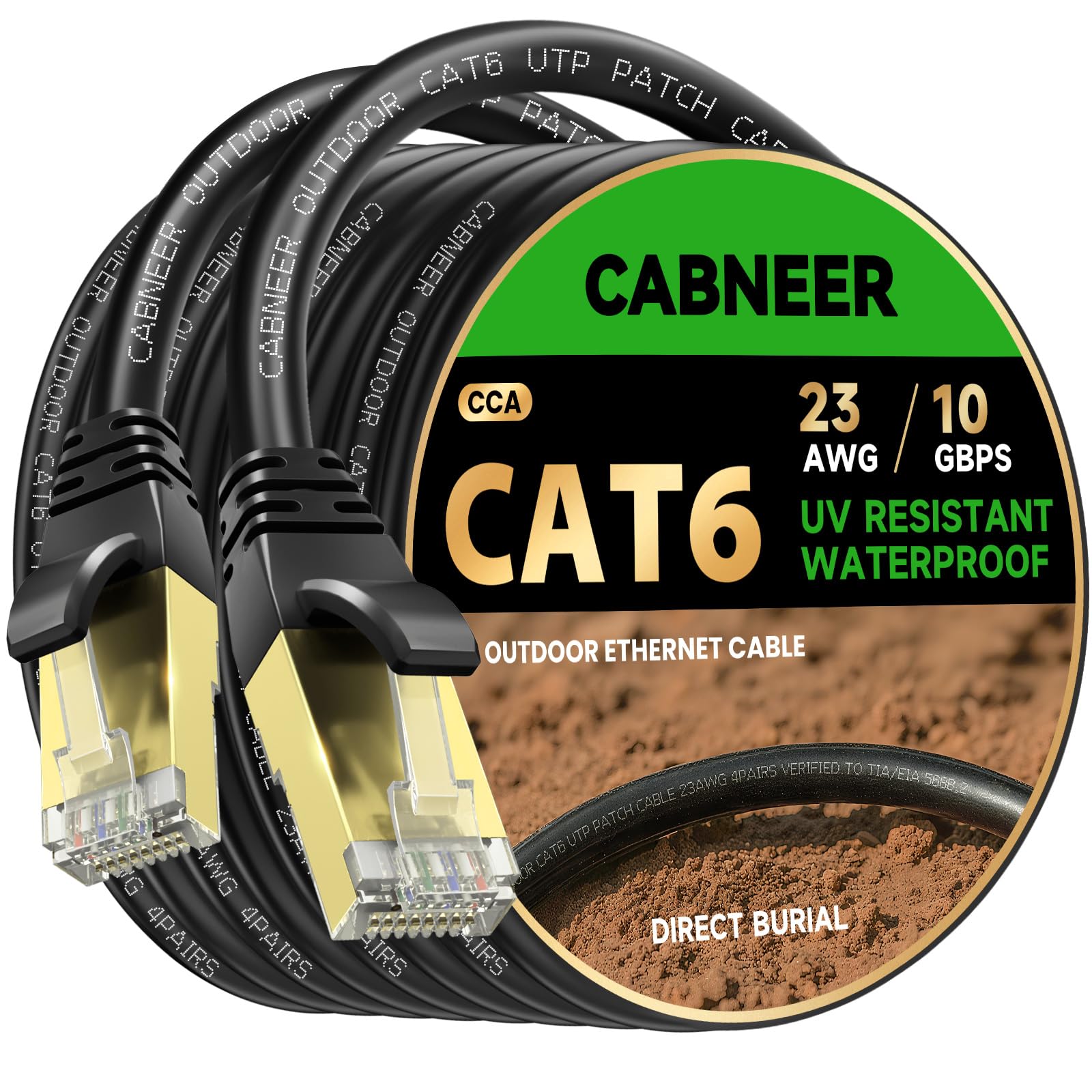 CABNEER Cat 6 Outdoor Ethernet Cable 1M 23AWG LLDPE, Direct Burial UV Weather Resistant Heavy Duty, 10Gbps High Speed Gigabit Internet Network Cable for Garden, CCA UTP, Black