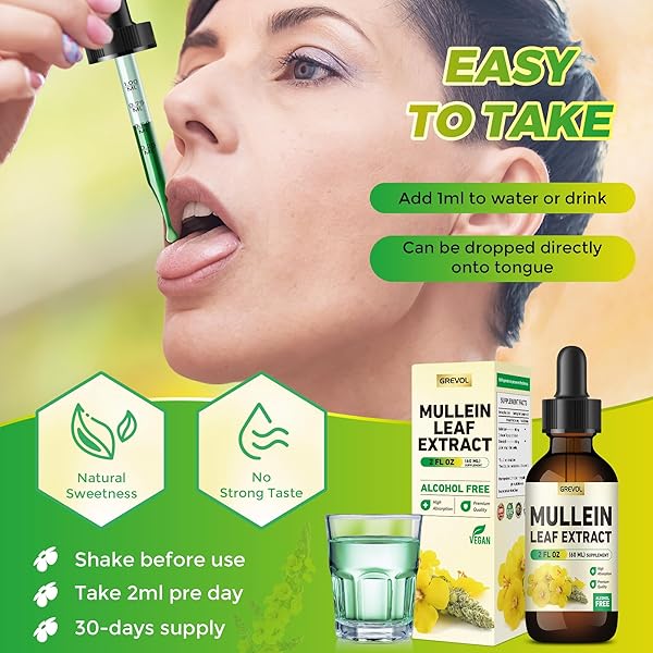 GREVOL MULLEIN DROPS FOR LUNGS, ORGANIC MULLEIN LEAF EXTRACT FOR LUNGS DETOX WITH CHLOROPHYLL HERBAL SUPPLEMENT, MULLEIN TINCTURE FOR RESPIRATORY& IMMUNE SUPPORT, NON-GMO VEGAN, 2 FL OZ