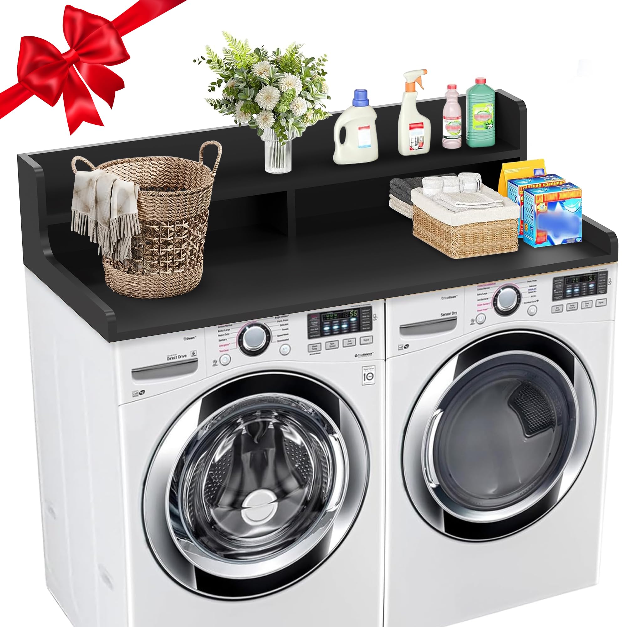 Photo 1 of 2-Tier Washer Dryer Countertop with 3" H Raised Edge, 54" W x 27.5" D Laundry Countertop Cover with Non-Slip Pad, Washer and Dryer Topper for All Front-loaded, Easy to Install(Black)