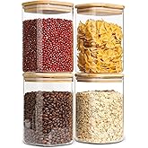 ComSaf Glass Storage Containers with Lids, 1.2 Qt Glass Jars with Lids, Clear Food Storage Jar, Canister For Pantry Cookie Flour Cereal Rice Sugar Tea Coffee Beans Spice, Square Set of 4