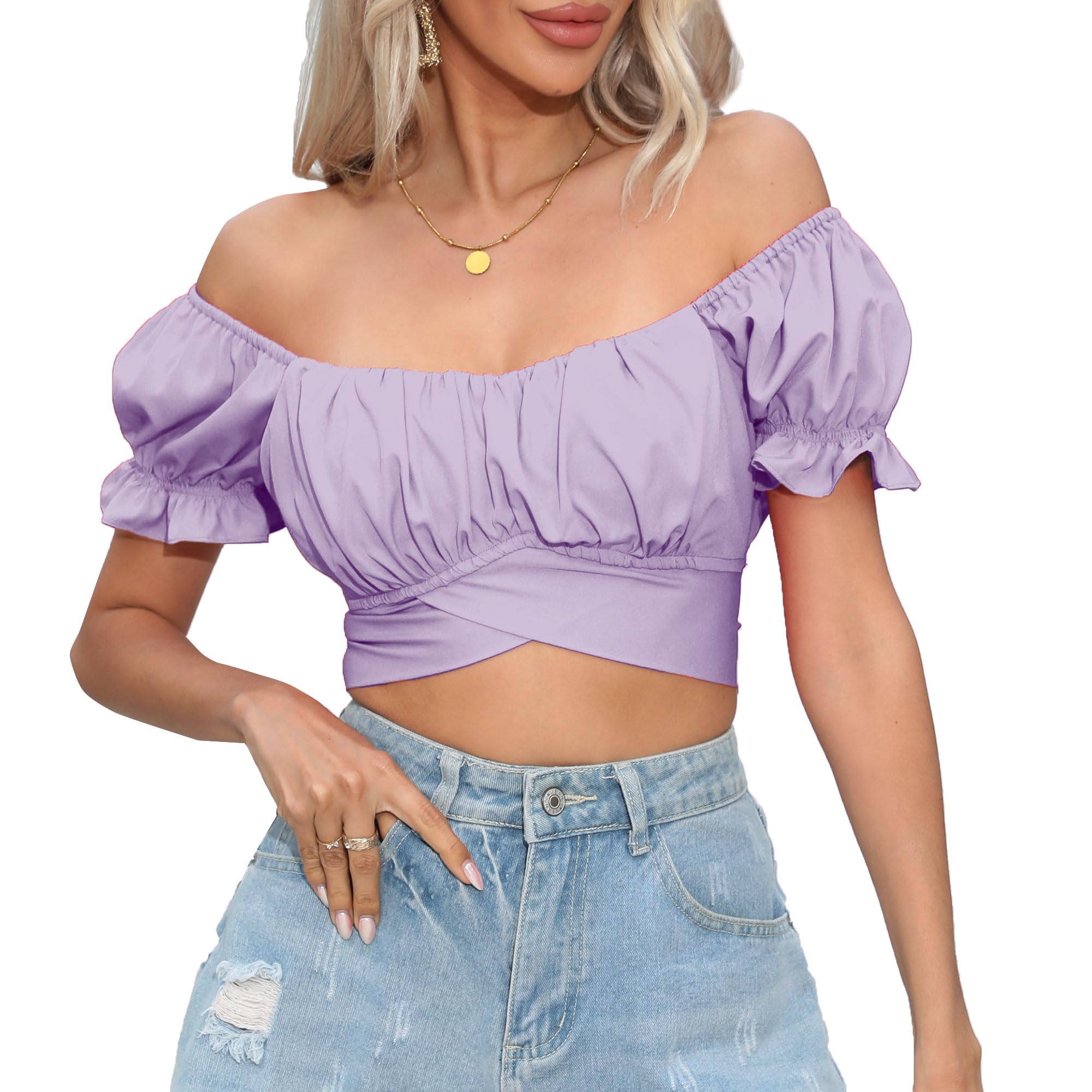 COOUFE Women's Crop Tops Ruffle Short Sleeve Tie