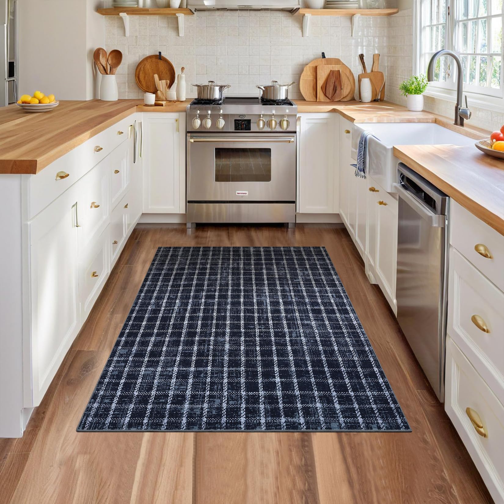 Photo 1 of 4 x 6 Rug Non-Slip Washable Low-Pile Carpet - Checkered Braided Geometric Print for Bedroom Living Room Nursery Kitchen Entryway Indoor Use Blue
