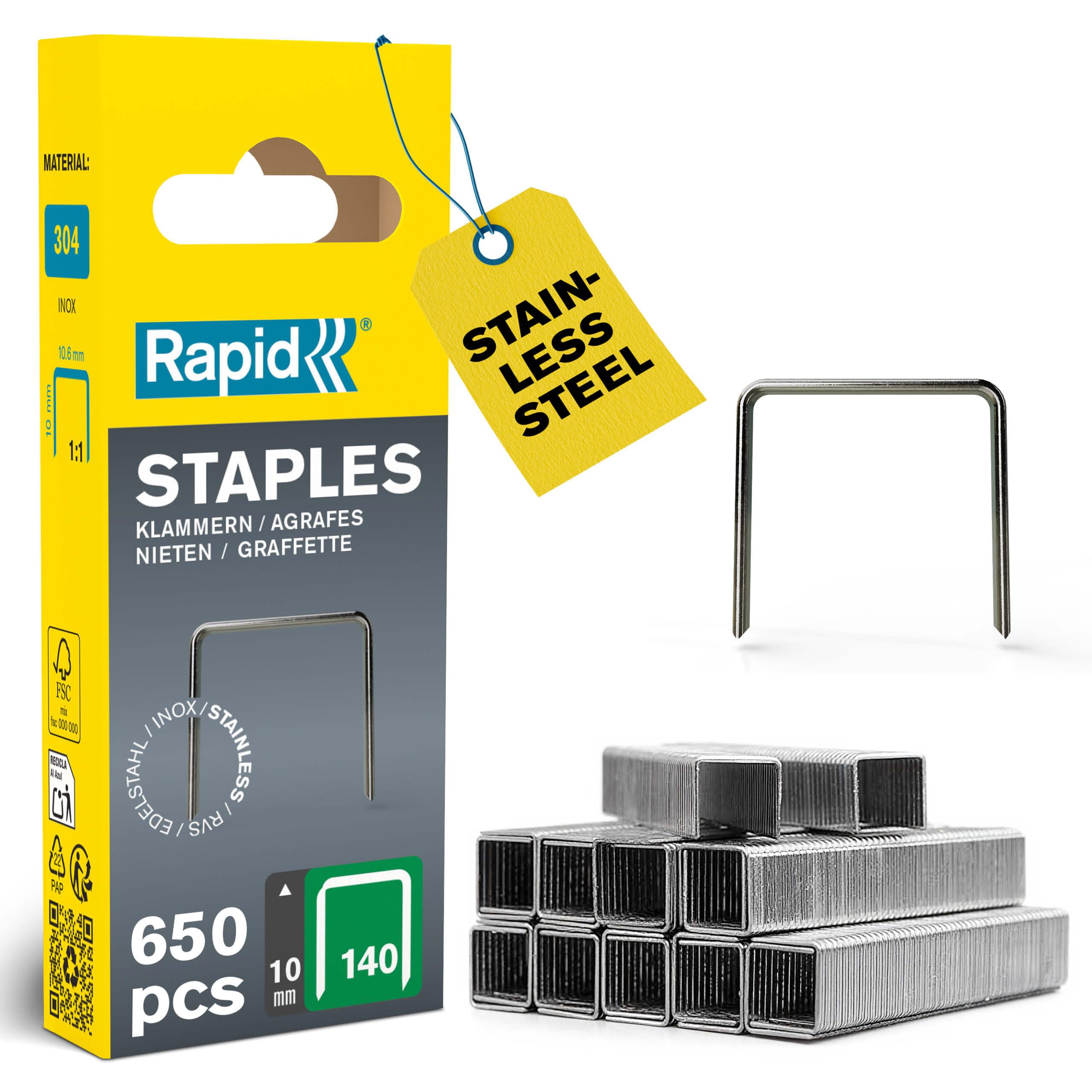 Rapid Stainless Steel Staples for Insulation, Thin Plastics, Cardboard and Carpets Flatwire No. 140, Leg Length 10mm, Staple Gun Staples, High-Performance, 650 Pieces, Narrow Blister (40109575)