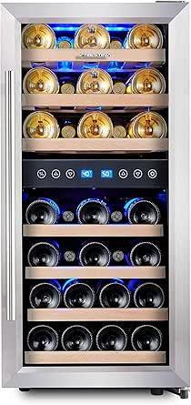Phiestina Dual Zone Wine Cooler Refrigerator - 33 Bottle Free Standing Compressor Fridge and Chiller for Red and White Wines - 16'' Glass Door Wine Refrigerator with Digital Memory Temperature Control