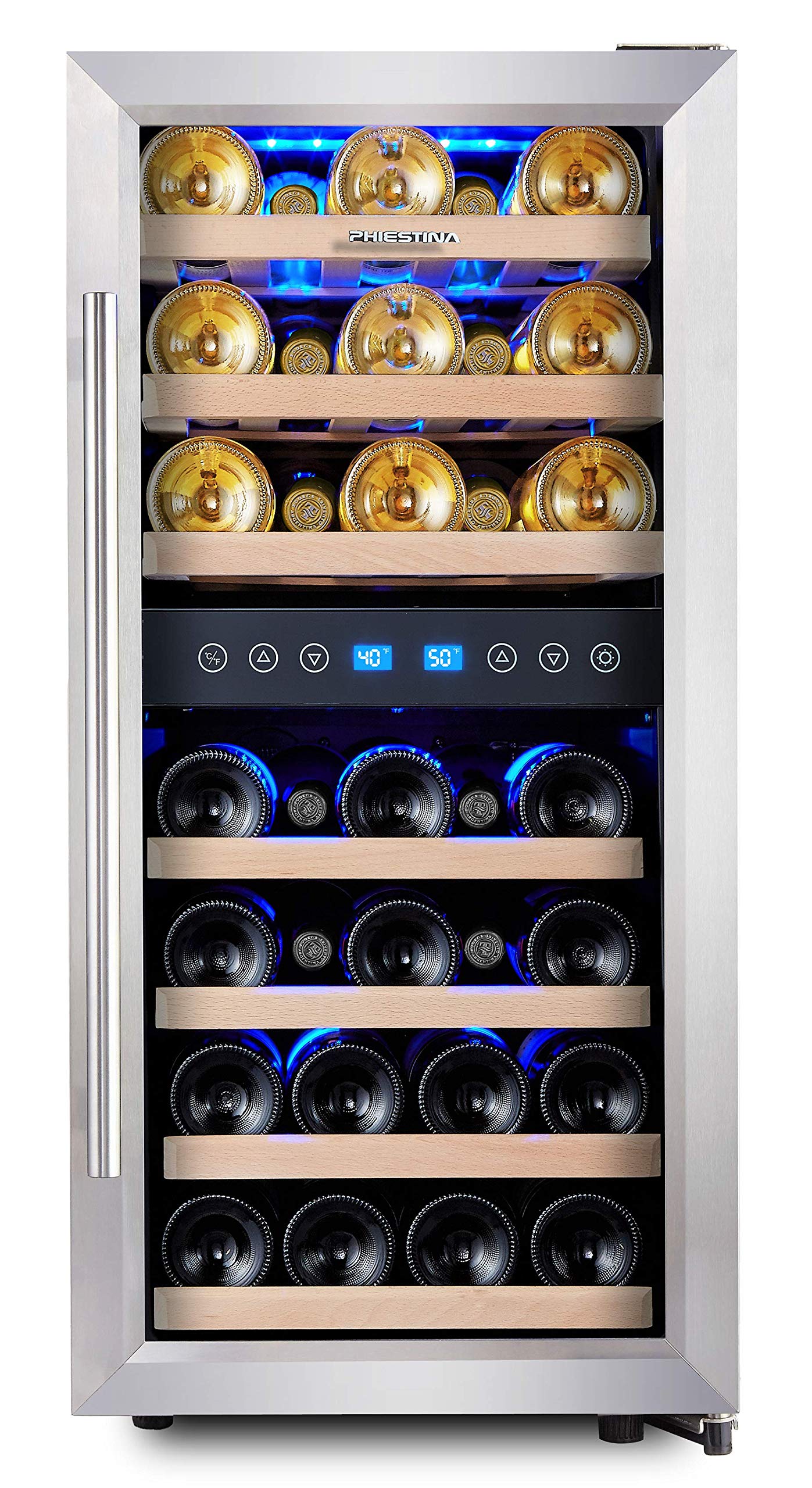 Phiestina Dual Zone Wine Cooler Refrigerator 33 Bottle Free Standing