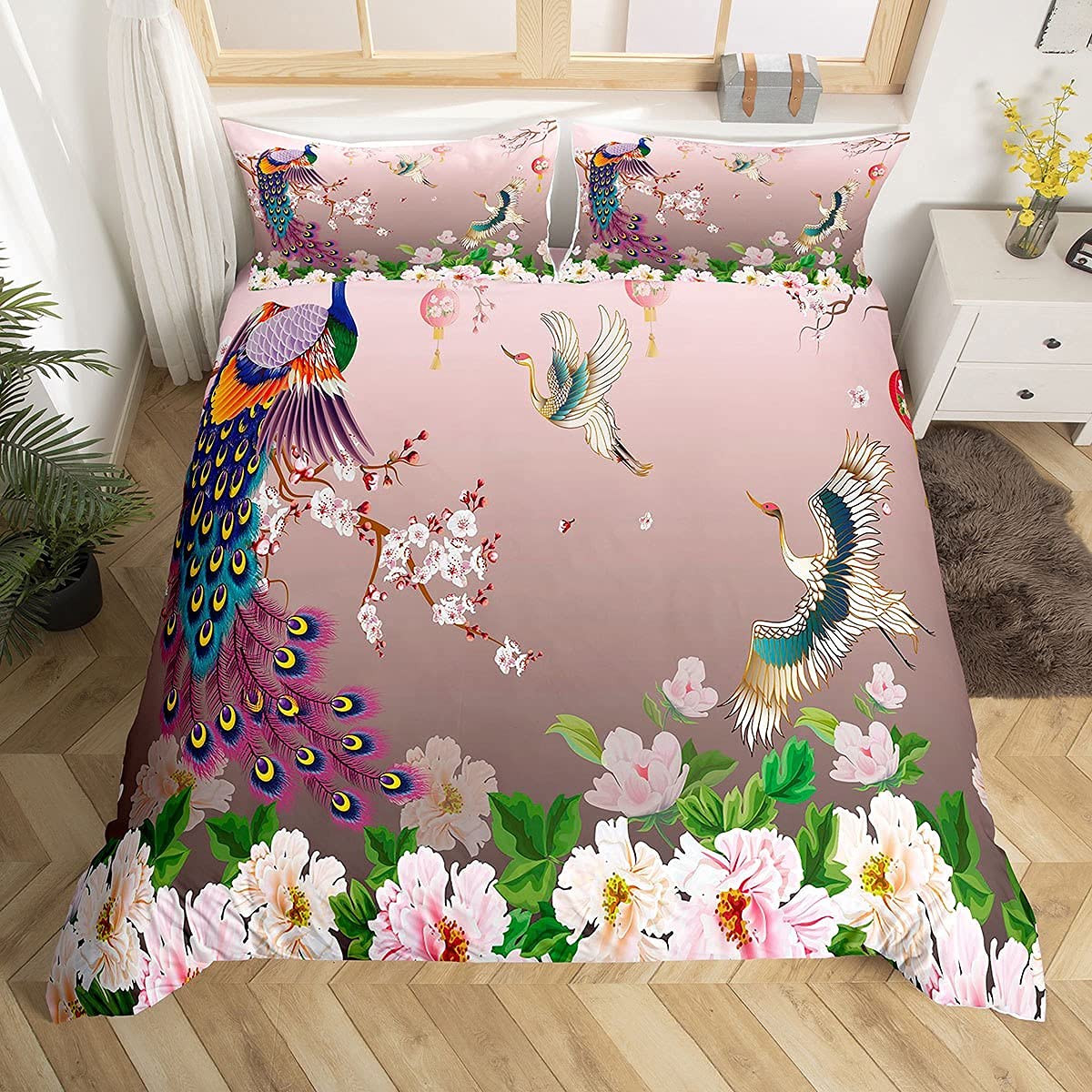 Loussiesd Japanese-Style Duvet Cover Plum Blossom Decor Bedding Set Single Size Crane Peacock Feather Floral Pattern Romantic Luxury Theme Comforter Cover Set,1 Duvet Cover with 1 Pillow
