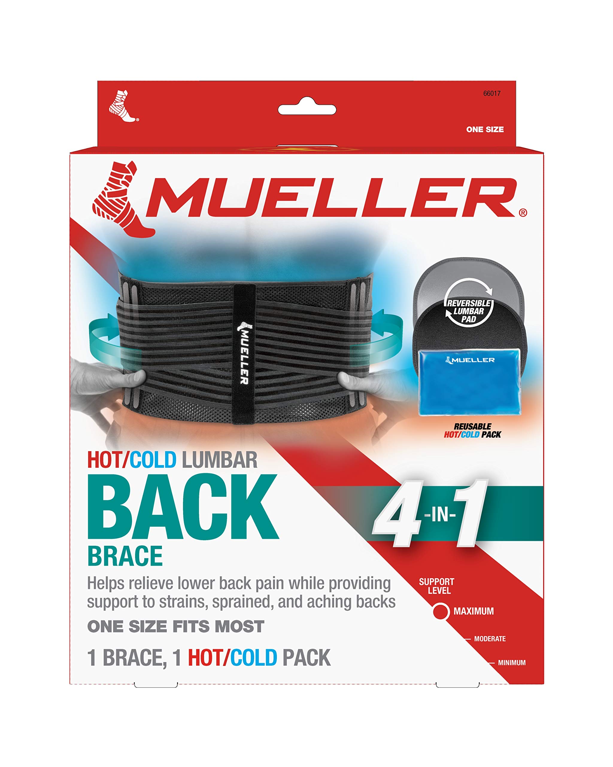 MUELLER Sports Medicine 4-in-1 Lumbar Back Brace with Hot/Cold Pack, Ideal for Upper and Lower Back Pain, Relief & Support for Men and Women, Strains, Sciatica, Scoliosis, Black, One Size